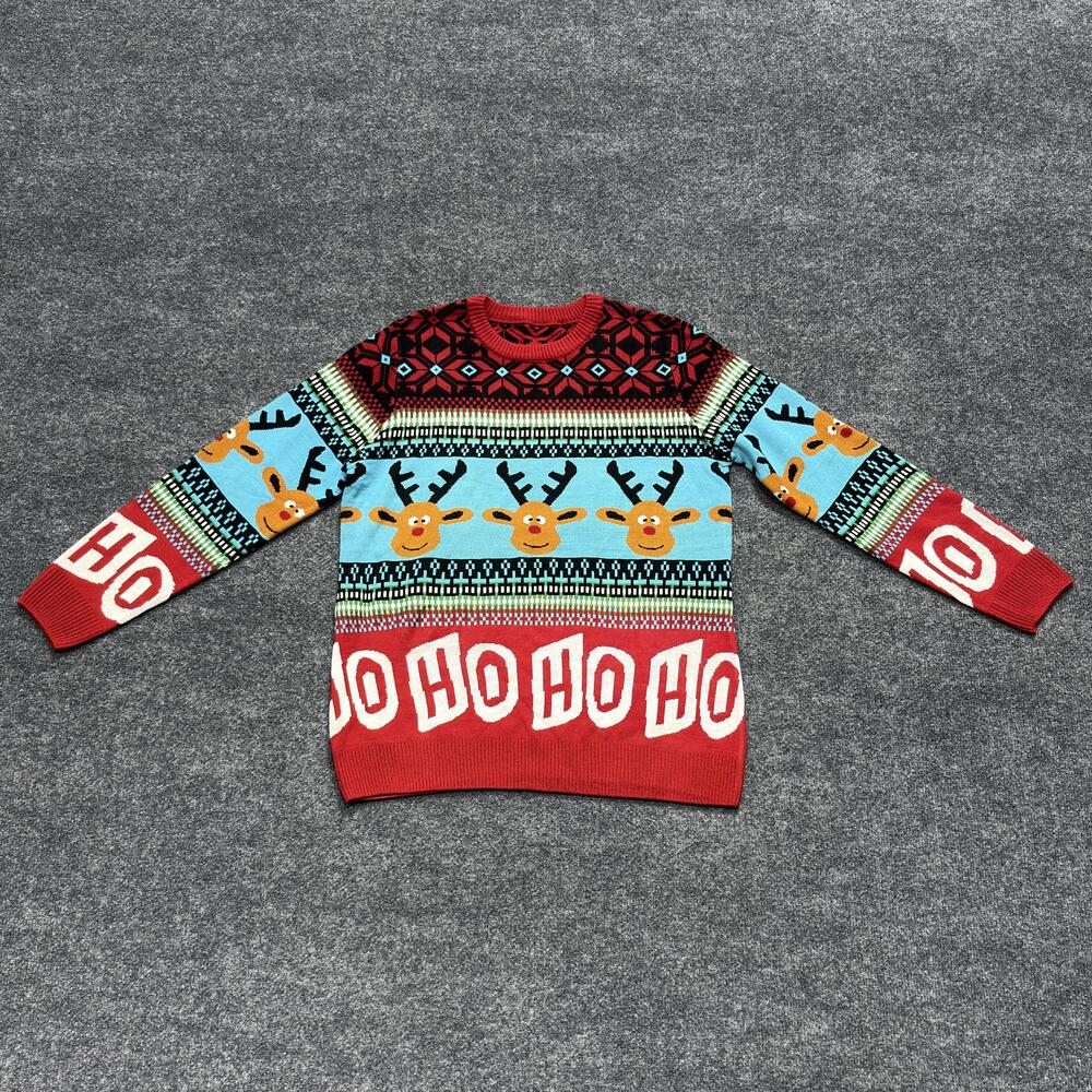 Reindeer Ho Ho Ho Christmas Sweater Mens Medium Red Blue Ugly Holiday Pullover